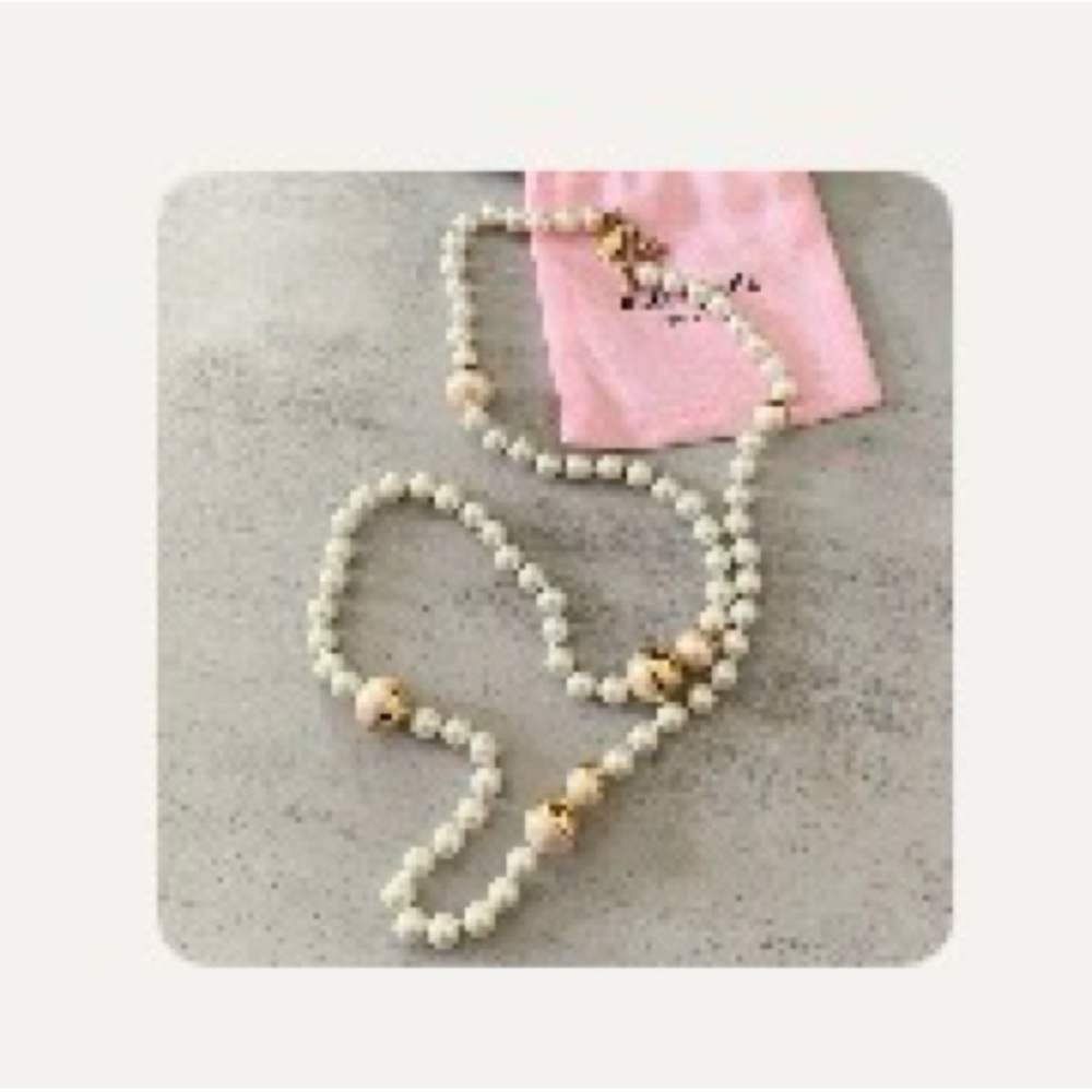 Kate Spade White 8MM Glass Pearl Gold Plated Cap Station Long Necklace 32"